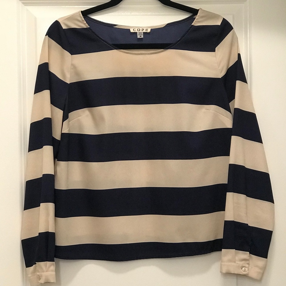 COPE Navy & Cream Stripe Top with Open Slit Back